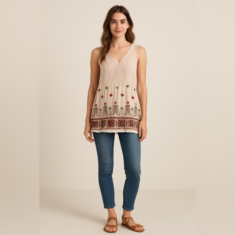 Pleione Beige Boho Embroidered Sleeveless Tunic Tank Top Size Medium